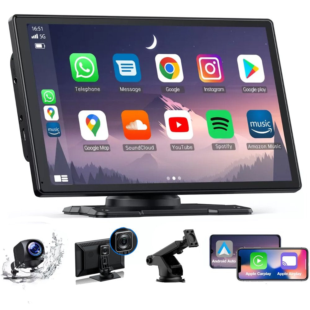 Portable Wireless Car Stereo Apple Carplay with 2.5K Dash Cam,9 Inch Touchscreen GPS Navigation for Car, Car Audio Receivers with Bluetooth,Android Auto,Mirror Link,Aux/Fm