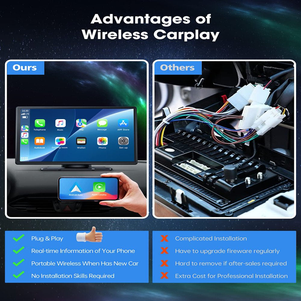 Portable Wireless Car Stereo Apple Carplay with 2.5K Dash Cam,9 Inch Touchscreen GPS Navigation for Car, Car Audio Receivers with Bluetooth,Android Auto,Mirror Link,Aux/Fm