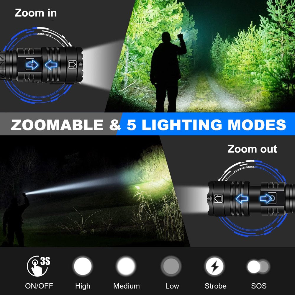 Rechargeable LED Flashlight, 90000 Lumens Super Bright Powerful LED Flashlight with 5 Modes, Waterproof Zoomable Tactical Flashlight for Emergency Camping Home