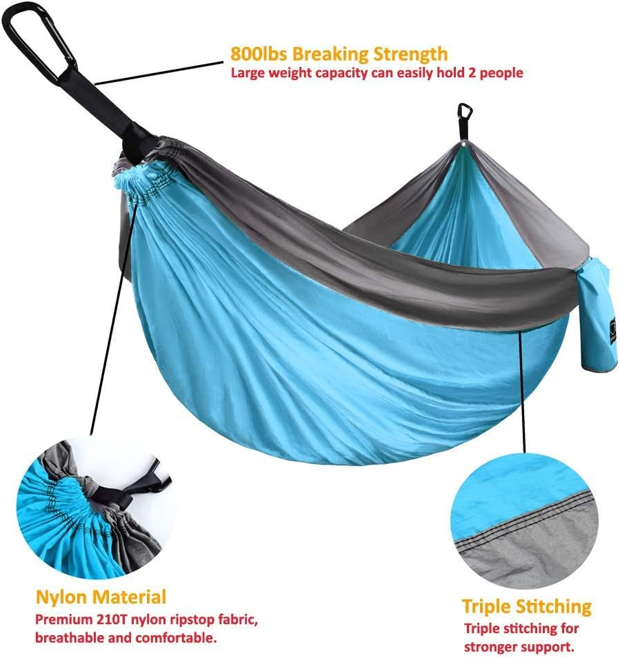 Camping Hammock - Portable Hammock Single Hammock Camping Accessories Gear for Outdoor Indoor Adult Kids, USA Based Brand (Light Blue & Grey)