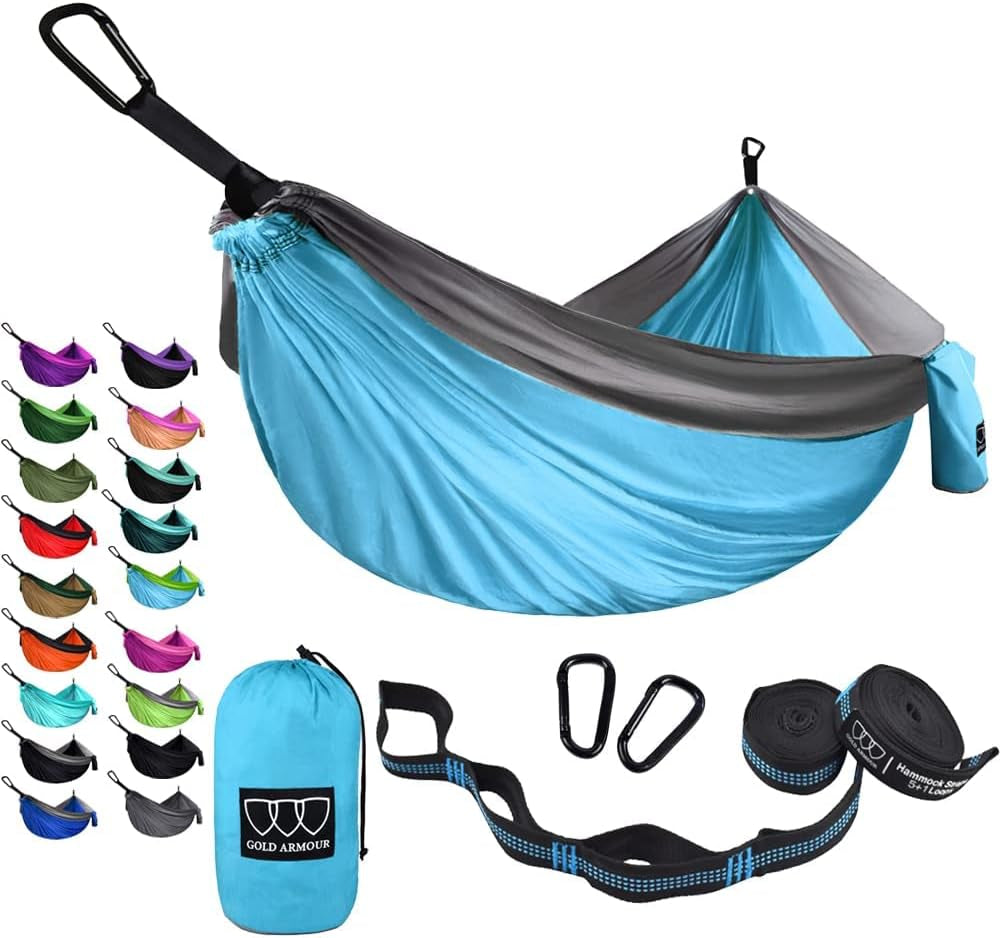 Camping Hammock - Portable Hammock Single Hammock Camping Accessories Gear for Outdoor Indoor Adult Kids, USA Based Brand (Light Blue & Grey)