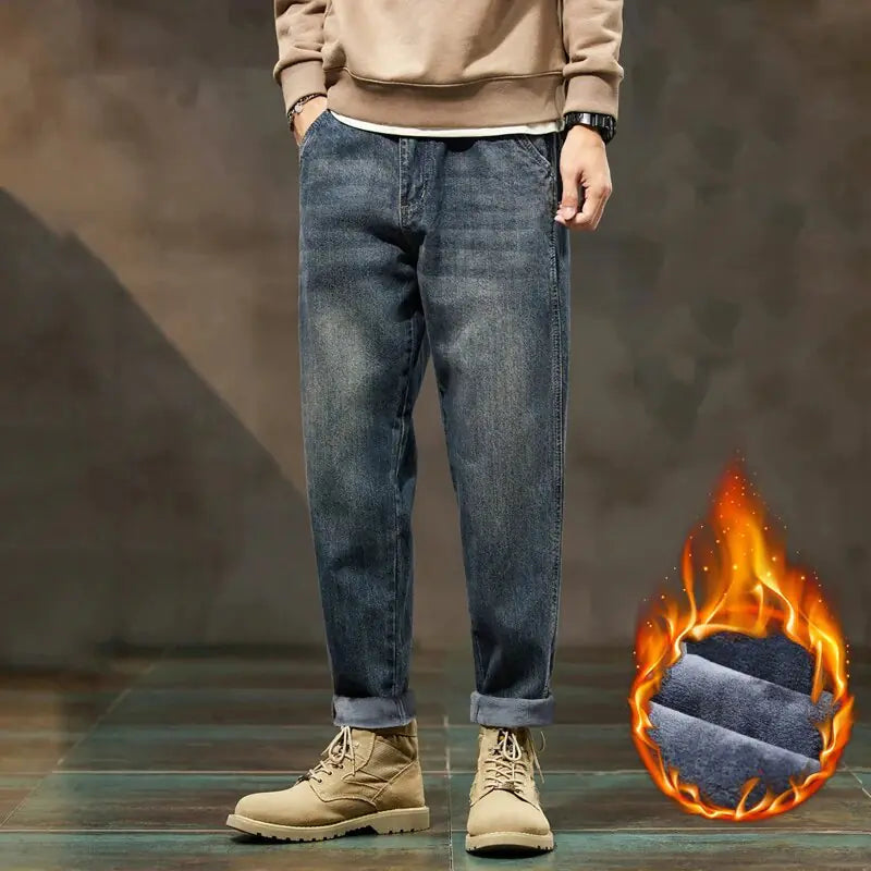 Thicken Denim Trousers Fleece Loose Fit Winter Jeans For Men