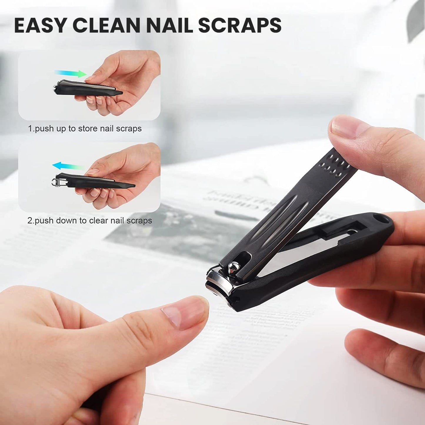 Precision Nail Clippers with Nail Catcher No Splash, Black Stainless Steel Manicure Tools