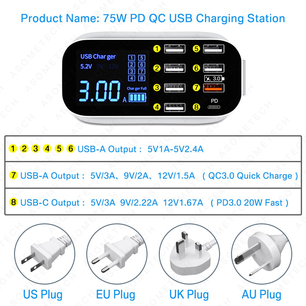 Chargeur USB à affichage LED 8/4 ports