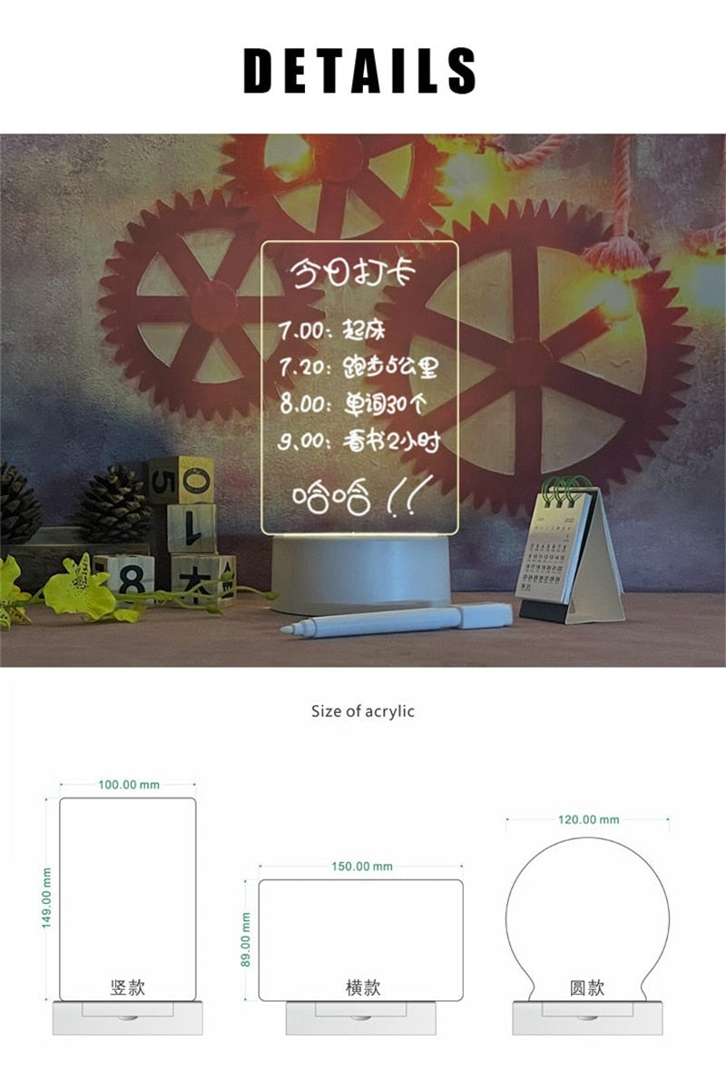 Tablero de notas LED con luz acrílica